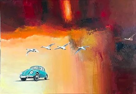 "Fasten your seatbelts" maleri af Jesper Sørensen