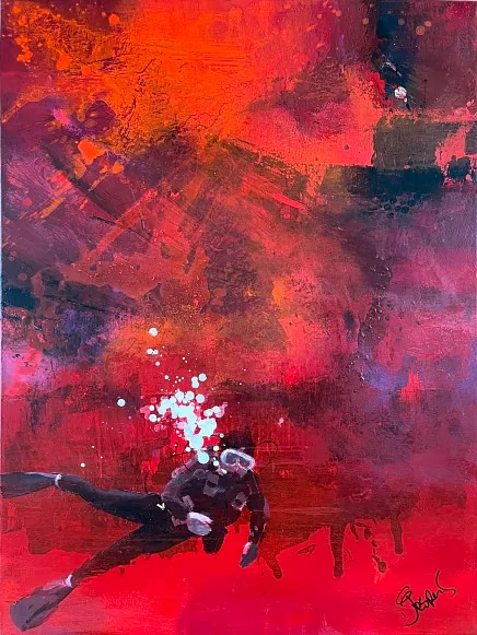 "Red light diving" maleri af Jesper Sørensen