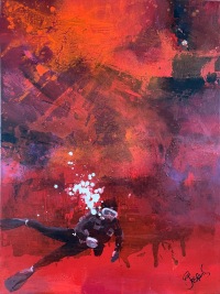 "Red light diving" maleri af Jesper Sørensen